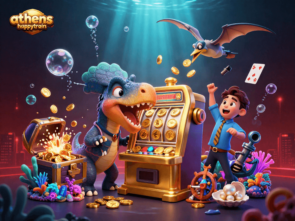 athenshappytrain showcases an epic scene with a pachycephalosaurus jackpot, coins flying in celebration.
