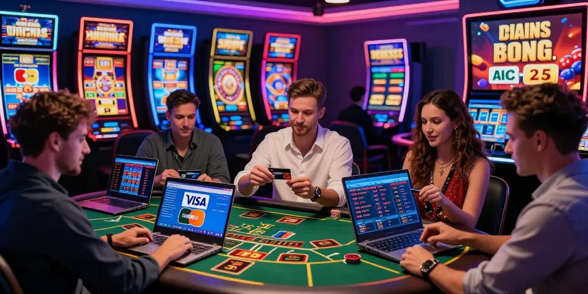 Gamblers enjoying casinos that accept credit cards with Visa and Mastercard, vibrant gaming atmosphere.