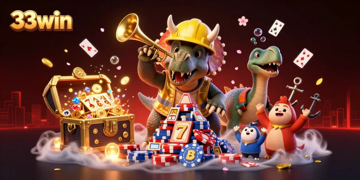 Play and win with 33win's vibrant 3D illustration showcasing thrilling casino action.