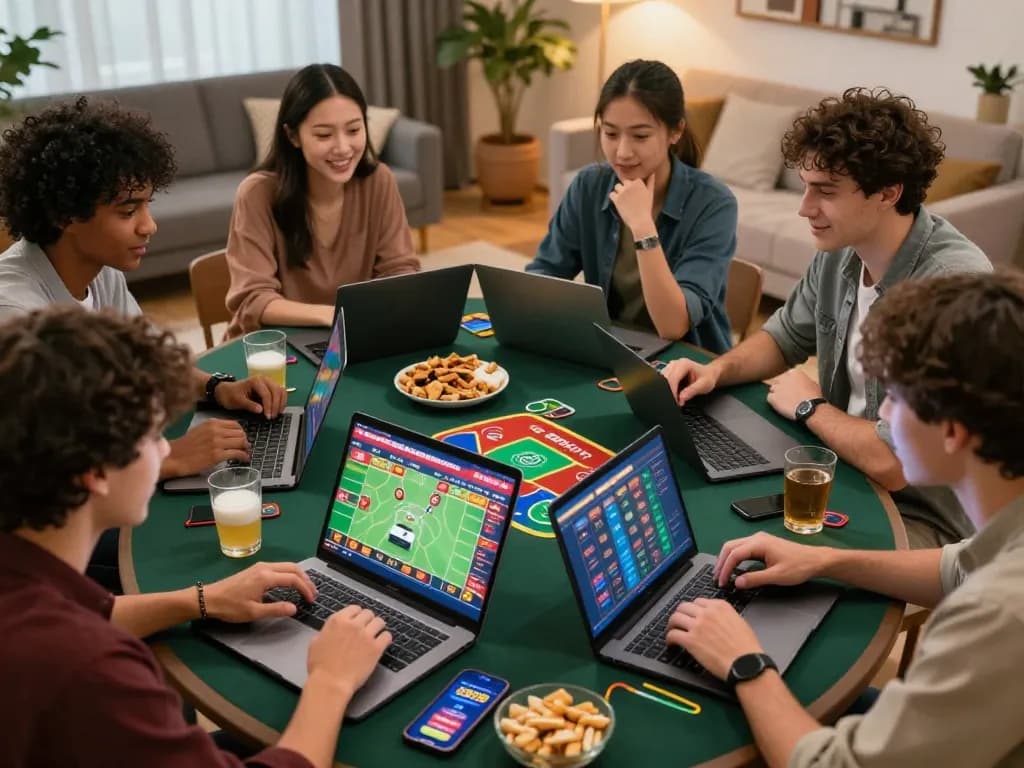 Engaging friends discussing SBOBET88 online betting strategies in a cozy setting.