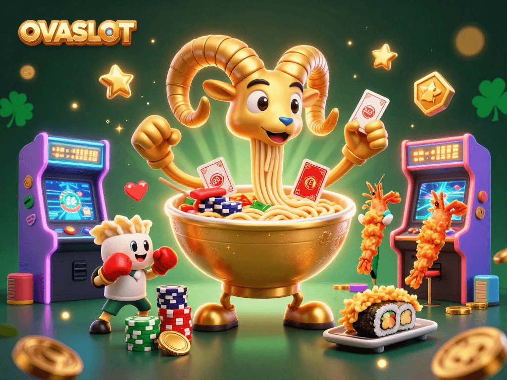 Experience OVASLOT's thrilling gaming with a vibrant 3D casino illustration.