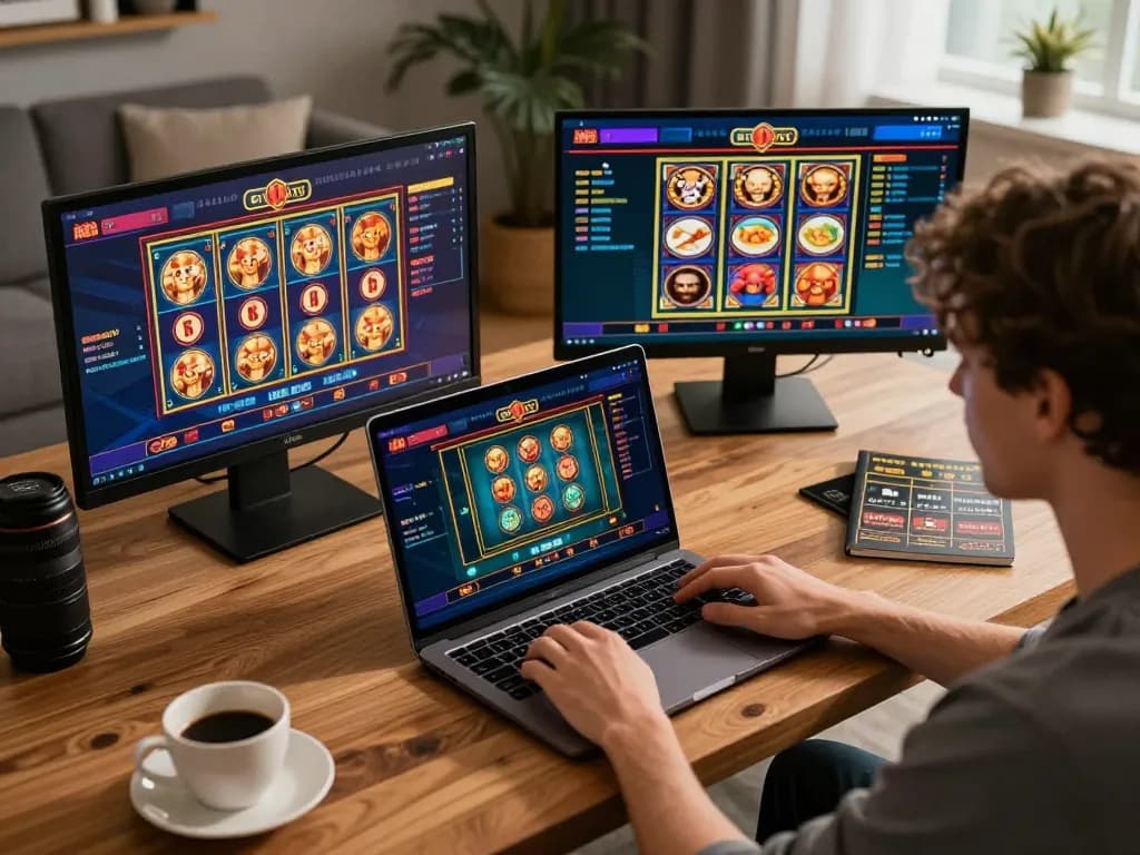 Go88 player enjoying an online slots game in a cozy home environment with strategic notes visible.