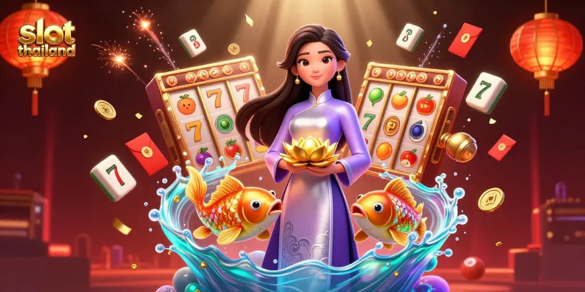 Win big at slot thailand with a dynamic casino scene featuring engaging elements and characters.