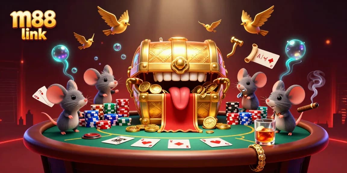 Experience the thrill of M88 link online casino with interactive poker tables and vibrant casino elements.
