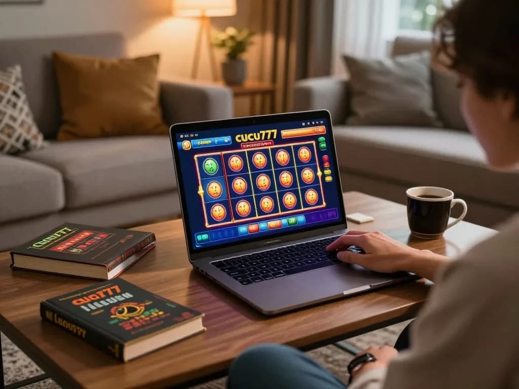 Engaging with cucu777 online gaming platform on a laptop during a cozy evening.