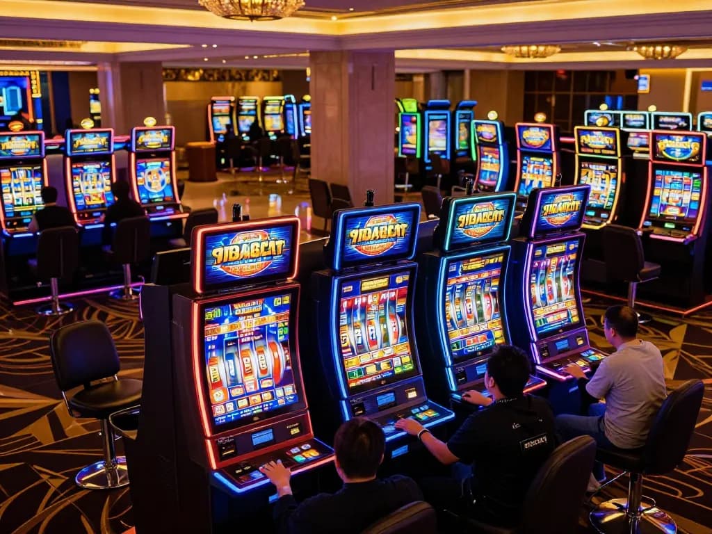 Engaging with 988slot in an upscale casino slot machine area, vibrant gaming atmosphere