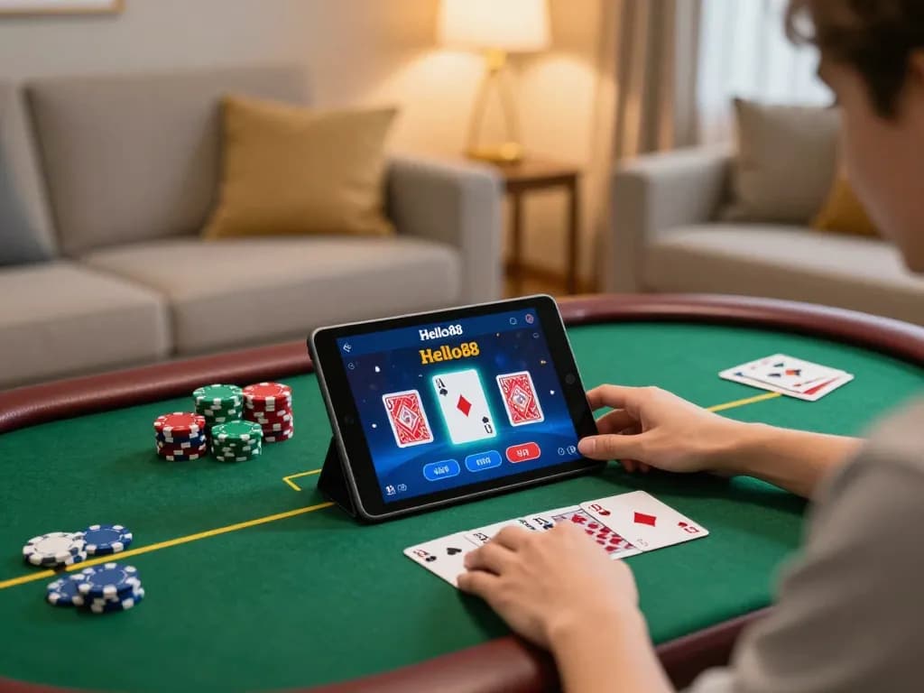 Hello88 online gaming setup with a player engaged in a poker game on a tablet in a cozy home environment.