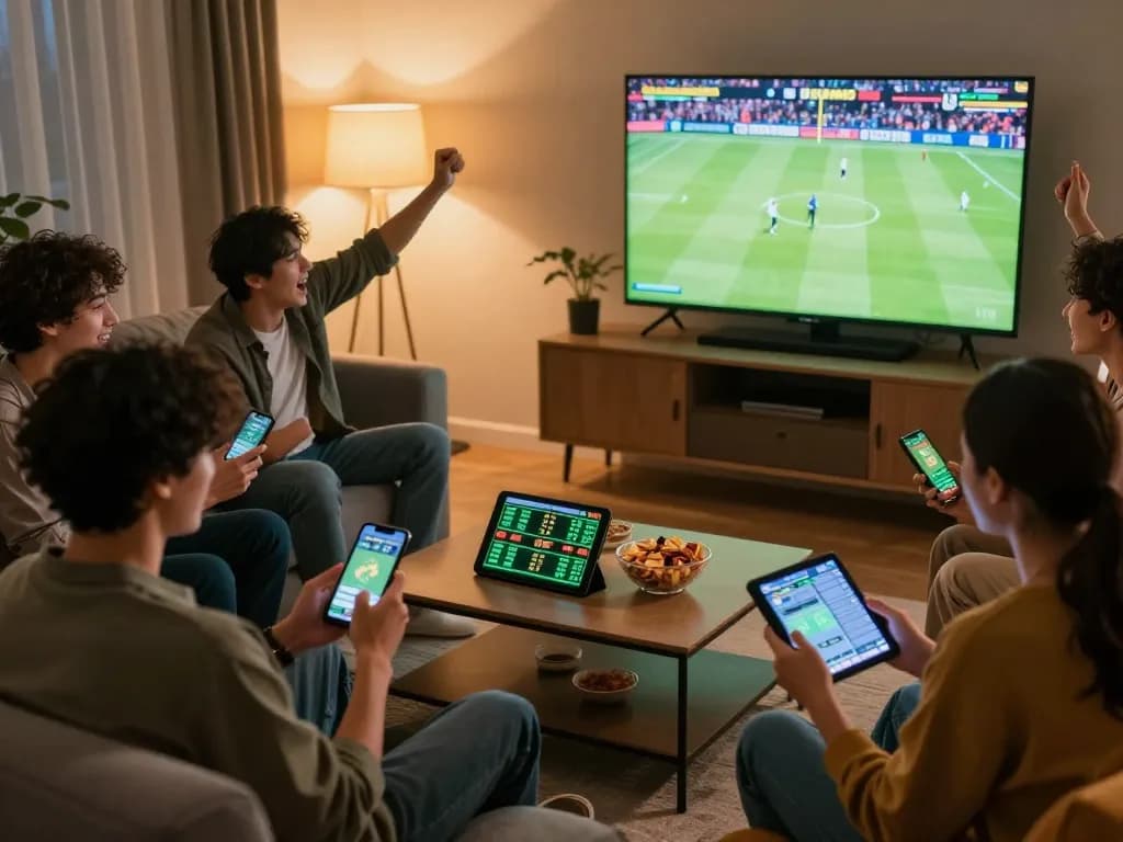 Friends engaging in online sports betting while watching a game, highlighting sc88seo's features in a lively environment.