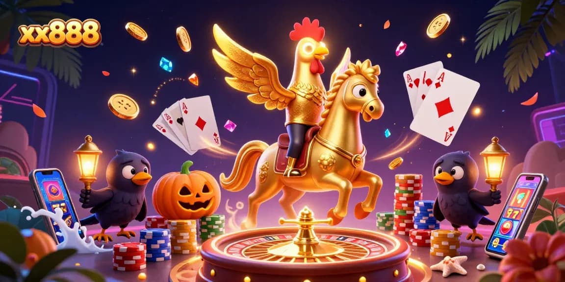 Play exciting games at xx888 with dynamic golden rooster characters amidst festive casino elements.