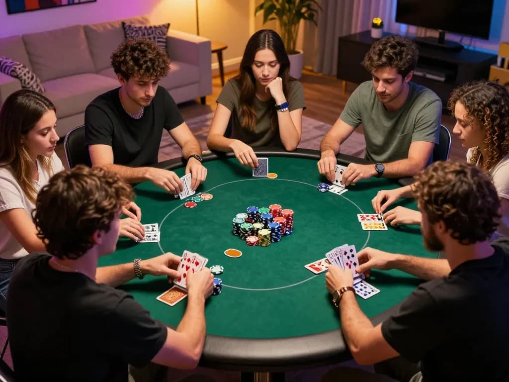 Engaging poker game scene at home with players analyzing their hands at LV88