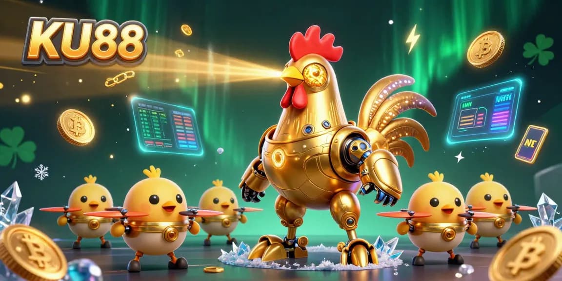 Engage with KU88 through an energetic casino-themed 3D illustration showcasing technology and gaming.