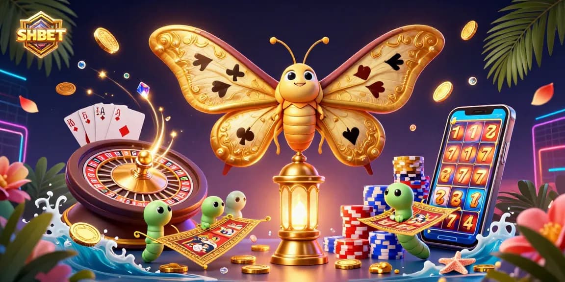 Experience exciting gaming adventures with SHBET, featuring a vibrant casino scene with an atlas moth and golden elements.