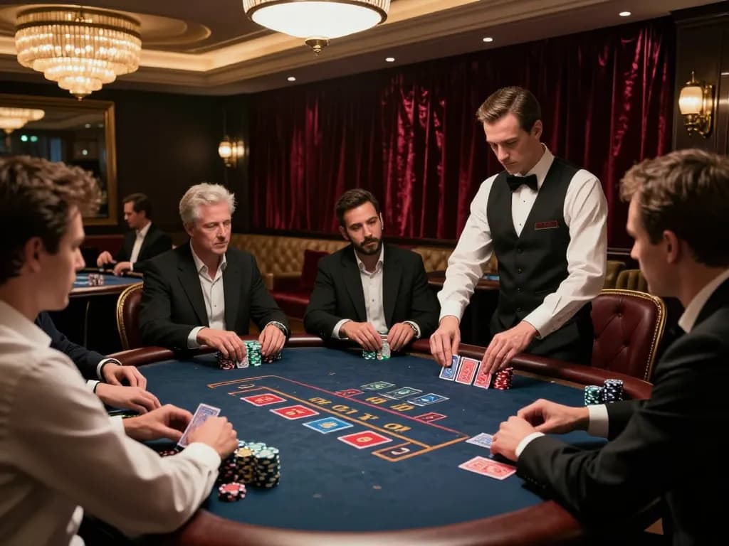 Players strategizing at a blackjack table in an upscale casino setting, highlighting vipwin gaming atmosphere.
