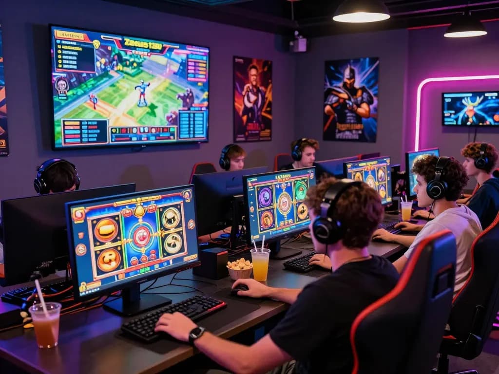Exciting online gaming atmosphere at Zeus138 featuring diverse players enjoying colorful slot games.