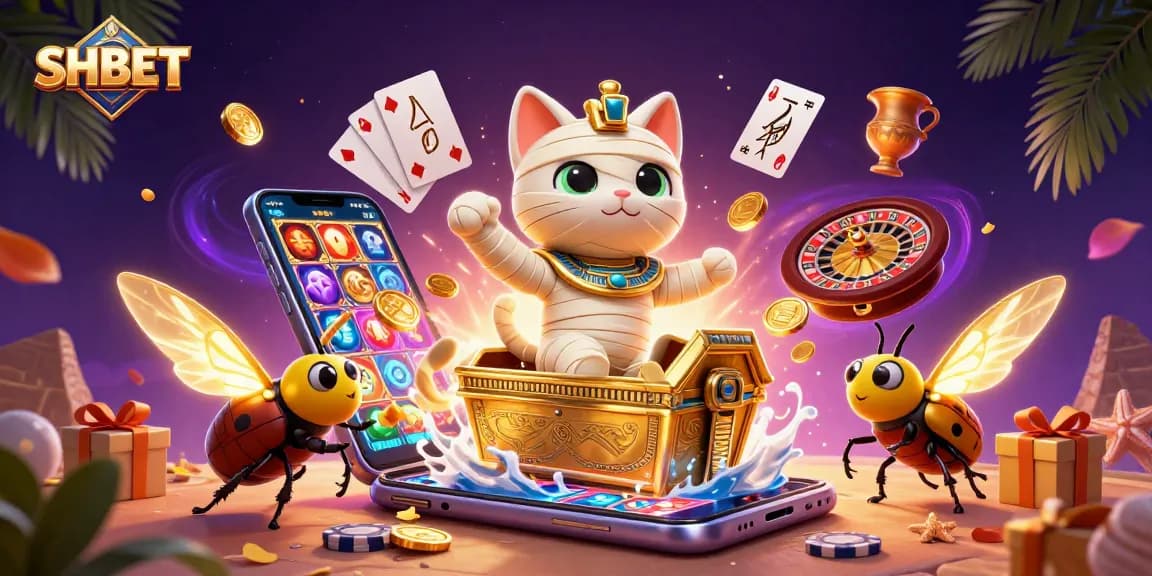 Win exciting bonuses at SHBET with this vibrant casino scene featuring thrilling games and characters.