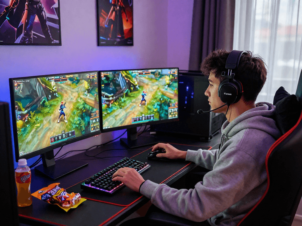 A player at mpocash.blog immersed in dynamic online gaming on a high-performance setup.