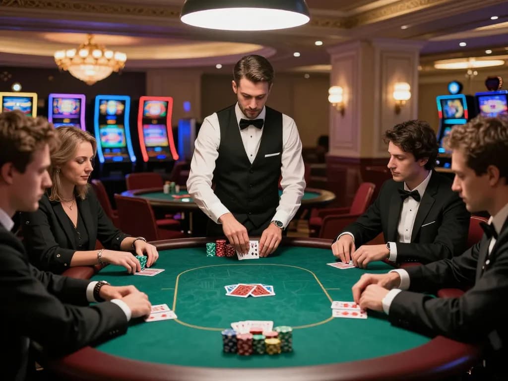 cm88seo showcases high-stakes poker action in a luxurious casino, players engaged with cards and chips.