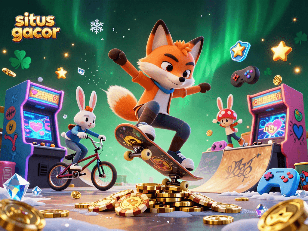 Engage in thrilling action with situs gacor, featuring a 3D fox and rabbit amidst vibrant casino elements.