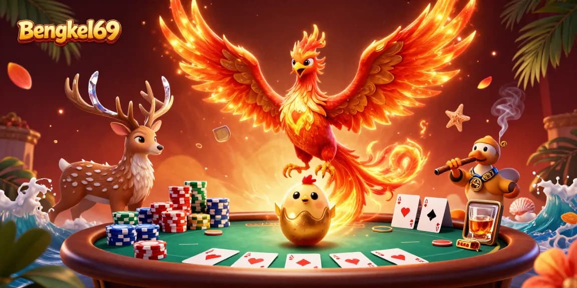 Bengkel69 showcases a vibrant 3D casino scene with a fire phoenix and poker elements.