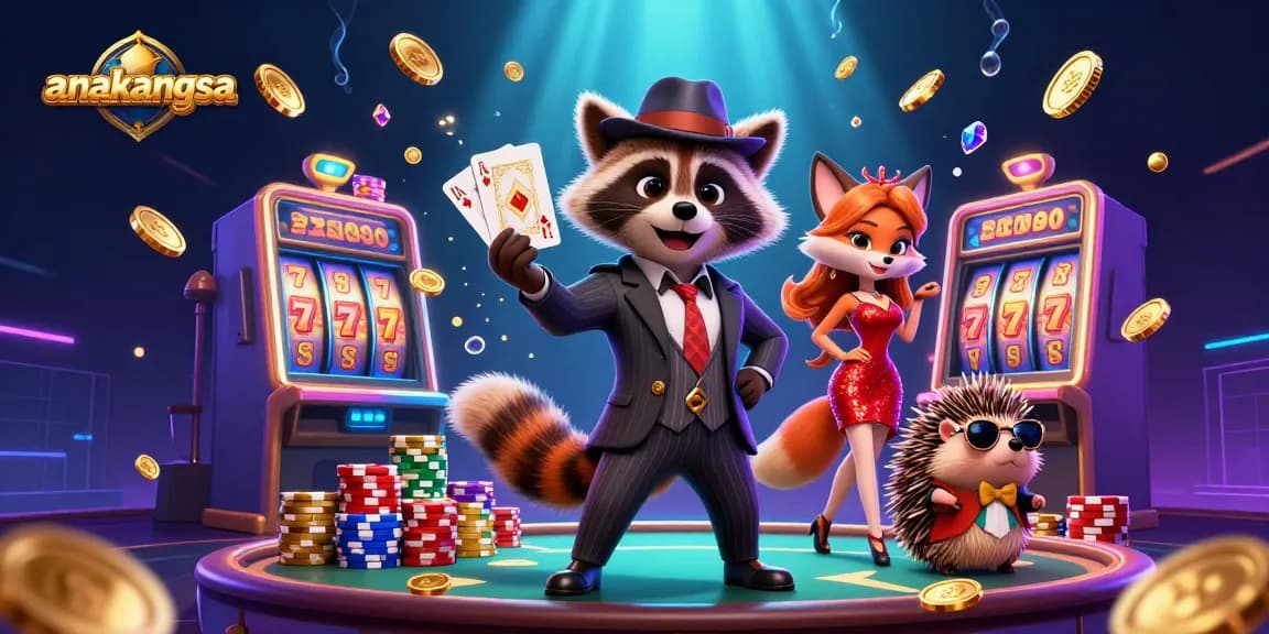 Win with anakangsa as you enjoy a dynamic 3D casino scene filled with vibrant characters and games.