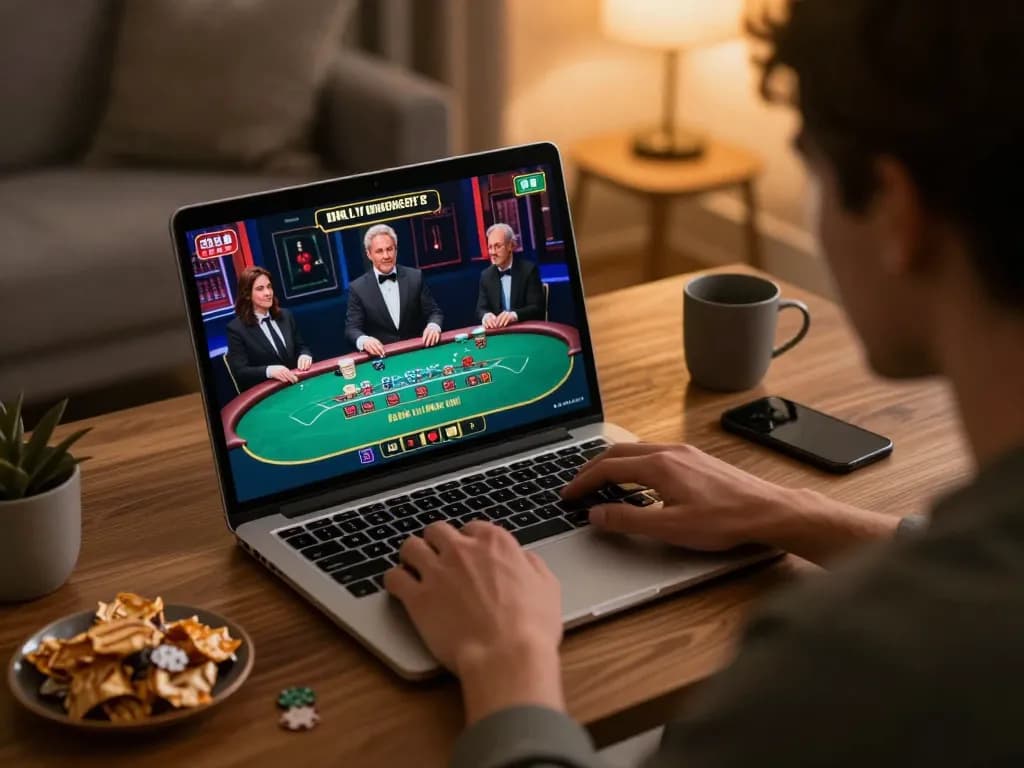 hi88 player engaging in a live dealer blackjack game on a laptop with comfortable home surroundings