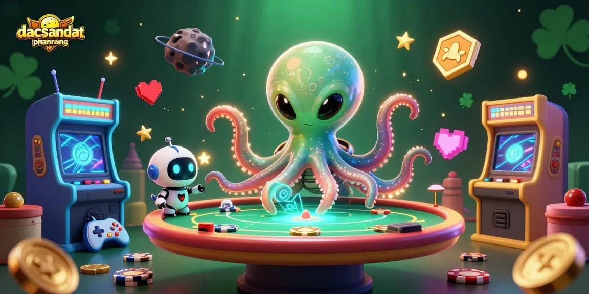 Engage in thrilling poker with dacsandatphanrang's cartoon octopus and robot amidst vibrant casino imagery.