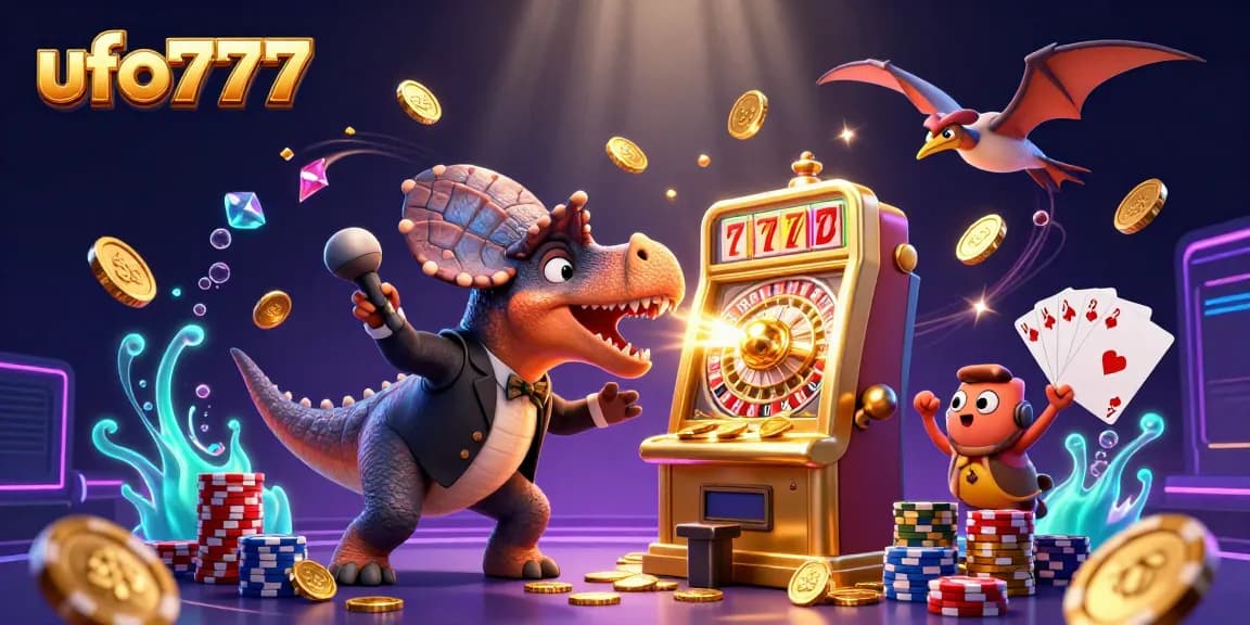 Experience thrilling gameplay with ufo777 as dinosaurs conquer slot machines in a vibrant casino scene