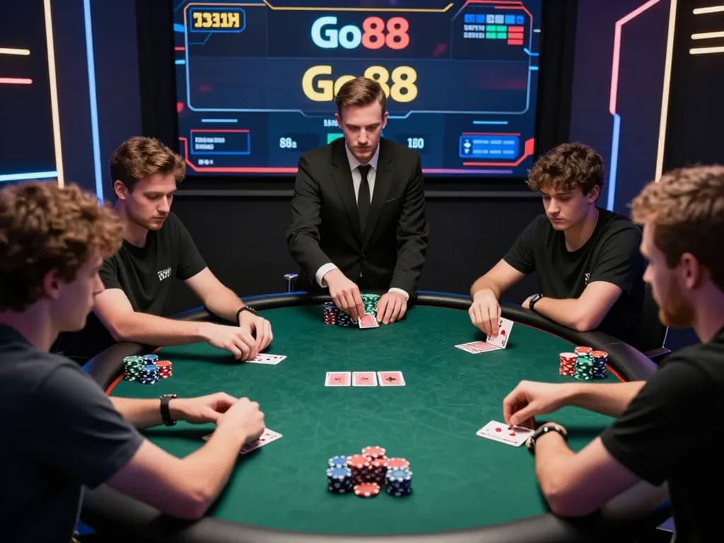 Go88 poker table gameplay with live dealer engaged in action, showcasing competitive online gambling.