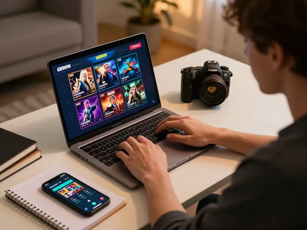 Engaging online player exploring various games on 68win platform with strategic focus and modern setup