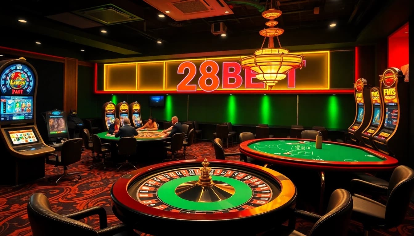 Engaging scene of 28bet game with poker players, roulette wheel, and vibrant casino atmosphere.