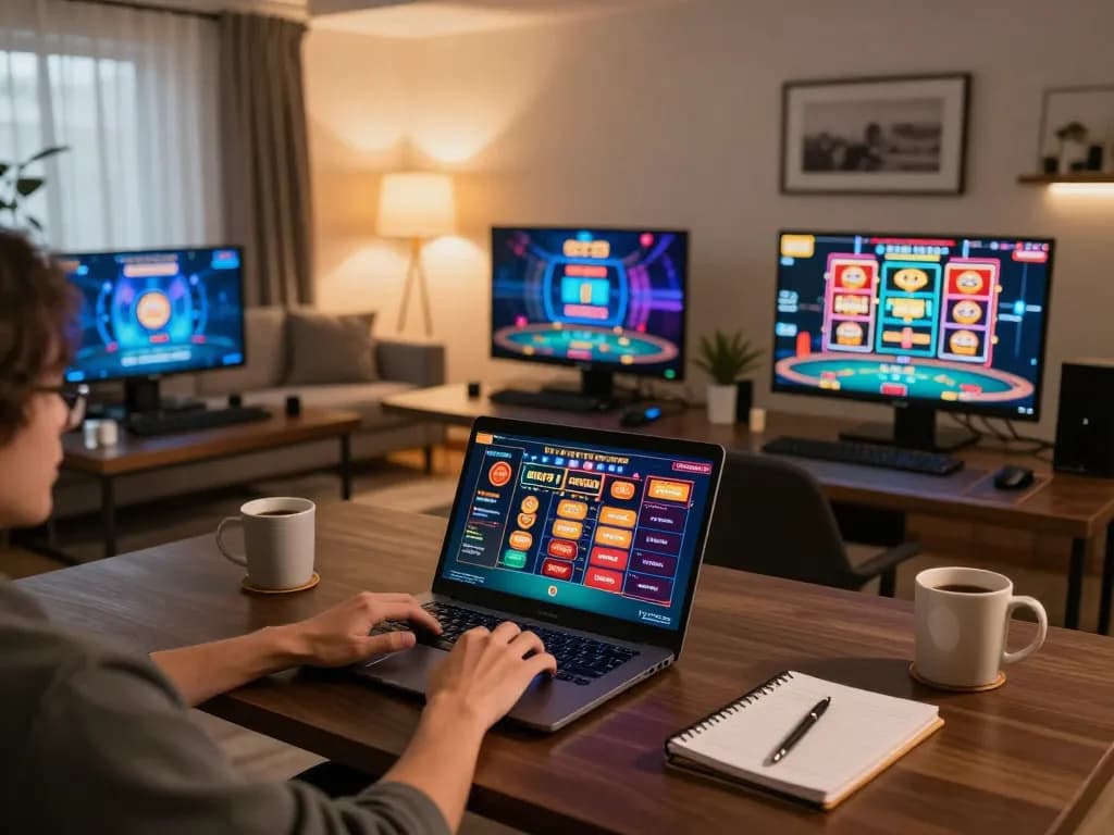 Iwin player engaging in online casino games on a laptop in a stylish home setting