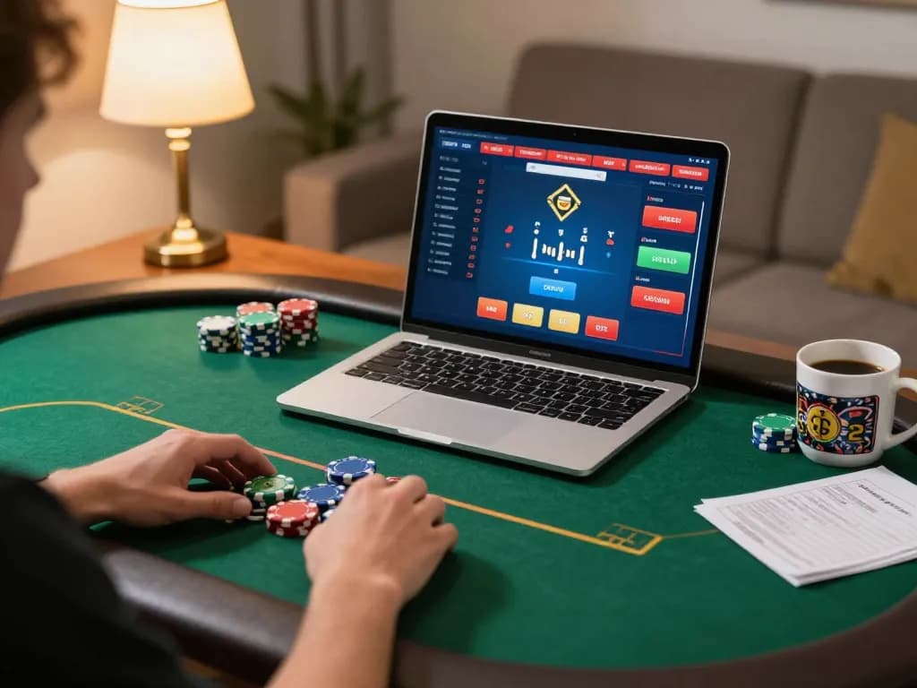 Player engaging in online poker at trang chủ fun79 with colorful chips and focused strategy notes