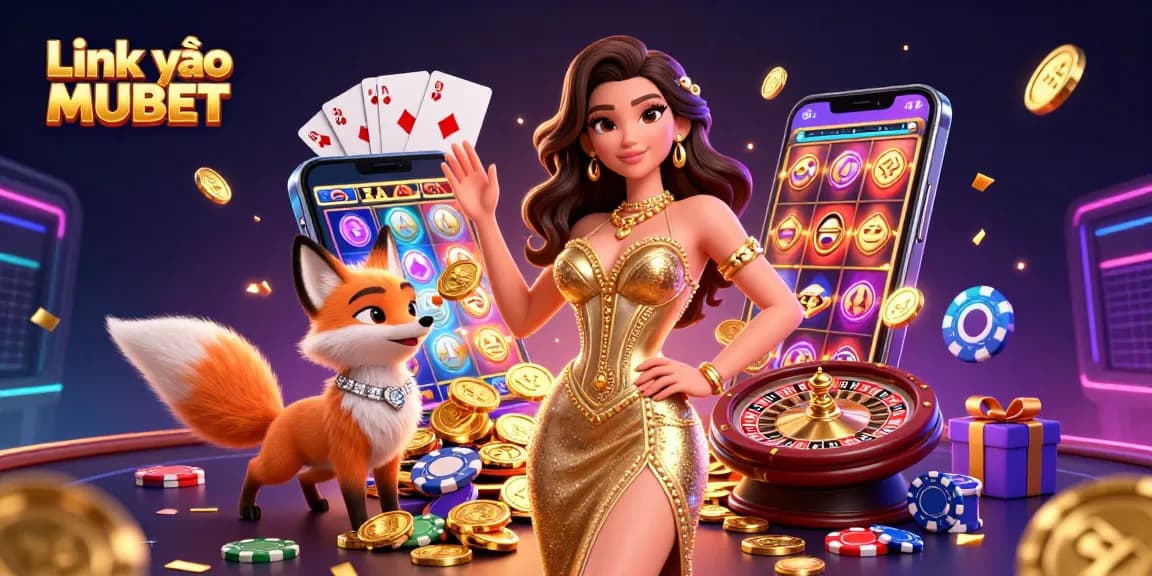 Engage with Link vào MUBET through a vibrant casino-themed illustration showcasing a glamorous setting.