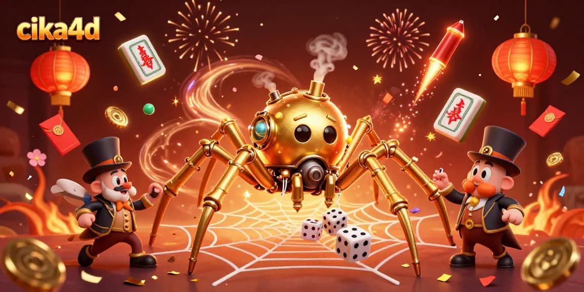 Cika4d showcases a vibrant 3D scene with a golden spider and gaming elements, illustrating engaging casino dynamics.
