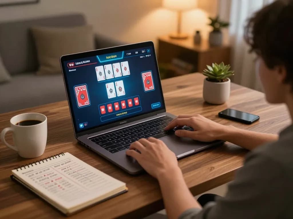 TG88 player analyzing strategies while engaging in live dealer blackjack at home, cozy gaming setup