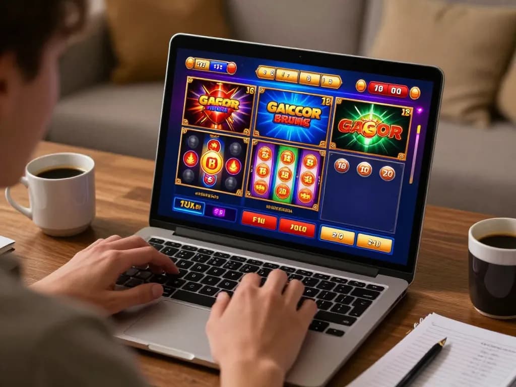 Engaging in slot gacor gameplay on a laptop, surrounded by strategies and coffee in a cozy home.