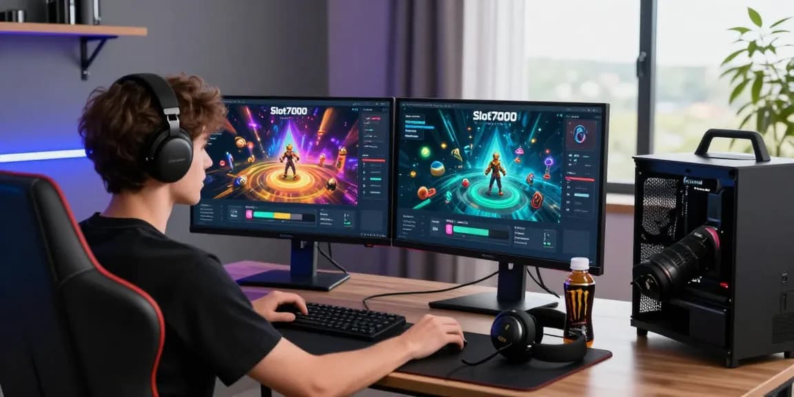 Dynamic Slot7000 gaming scene with a user engaging in a sleek home office setup.