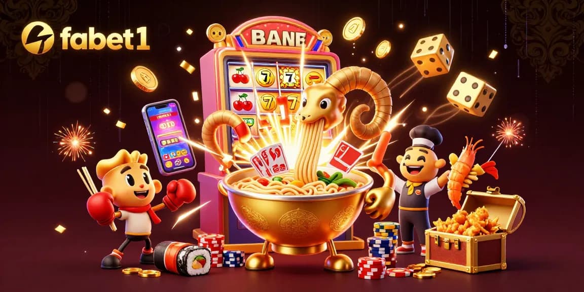 Experience fabet1's vibrant casino energy with a fun 3D illustration featuring playful characters and lively game elements.