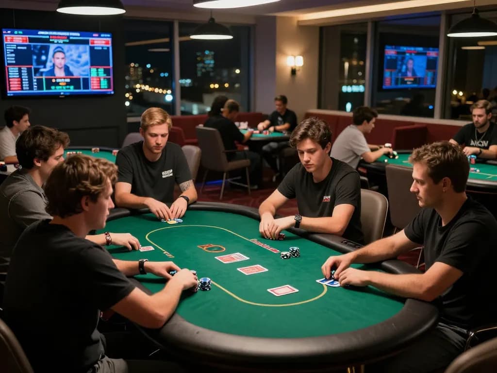 Intense poker game at MPOSPORT with vibrant atmosphere and players focused on strategy.