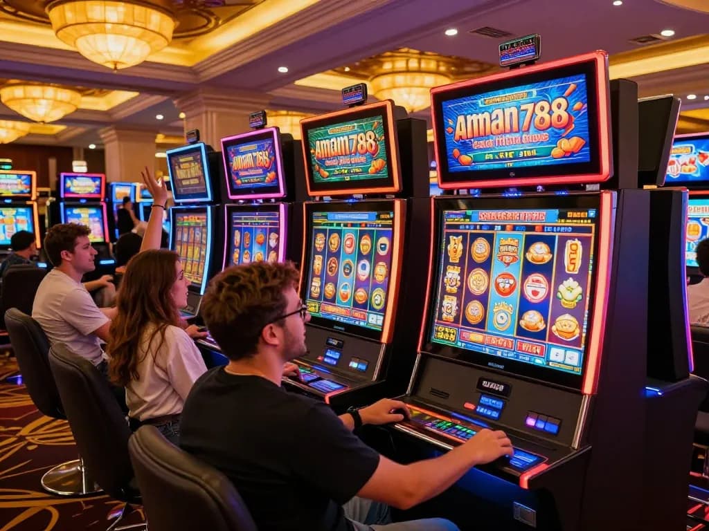 Pengalaman permainan slot yang menarik di aman788 dengan mesin yang cerah dan pemain yang merayakan.