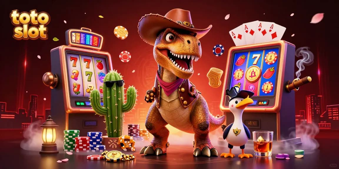 Experience the thrill of toto slot with a vibrant scene featuring a T-Rex and friends at a lively casino table.
