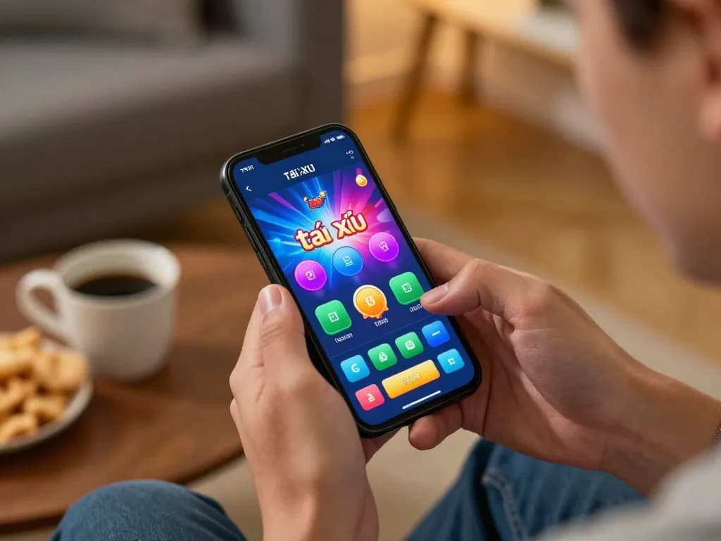 Engaging with app tài xỉu online uy tín on a smartphone, surrounded by a cozy home atmosphere.