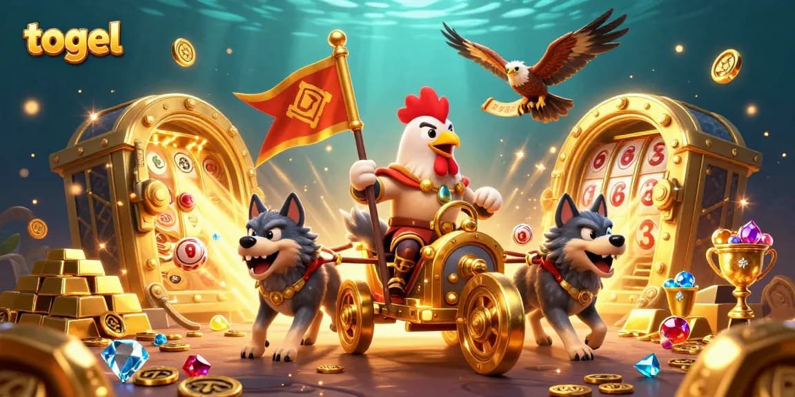 Engage in thrilling togel games with a vibrant scene featuring elements like golden treasures and lottery balls.