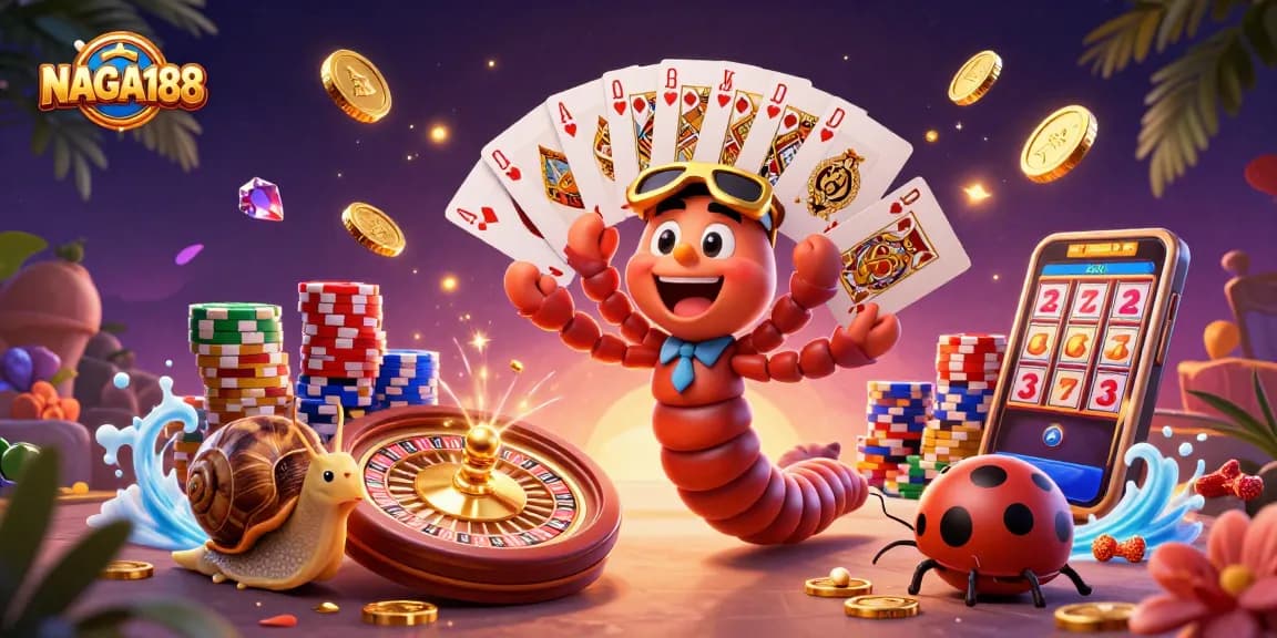 NAGA188 kasino online menampilkan dealer kartun dan koin emas bergerak saat bermain.