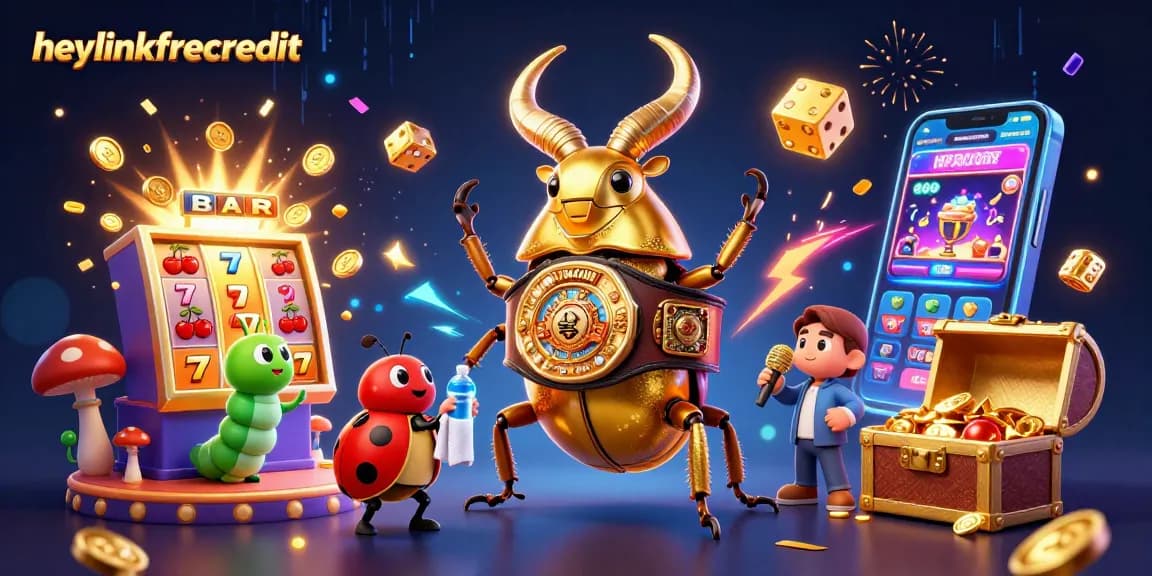 Spin and win at heylinkfreecredit with a vibrant casino showdown illustration featuring 3D characters and slot machines.