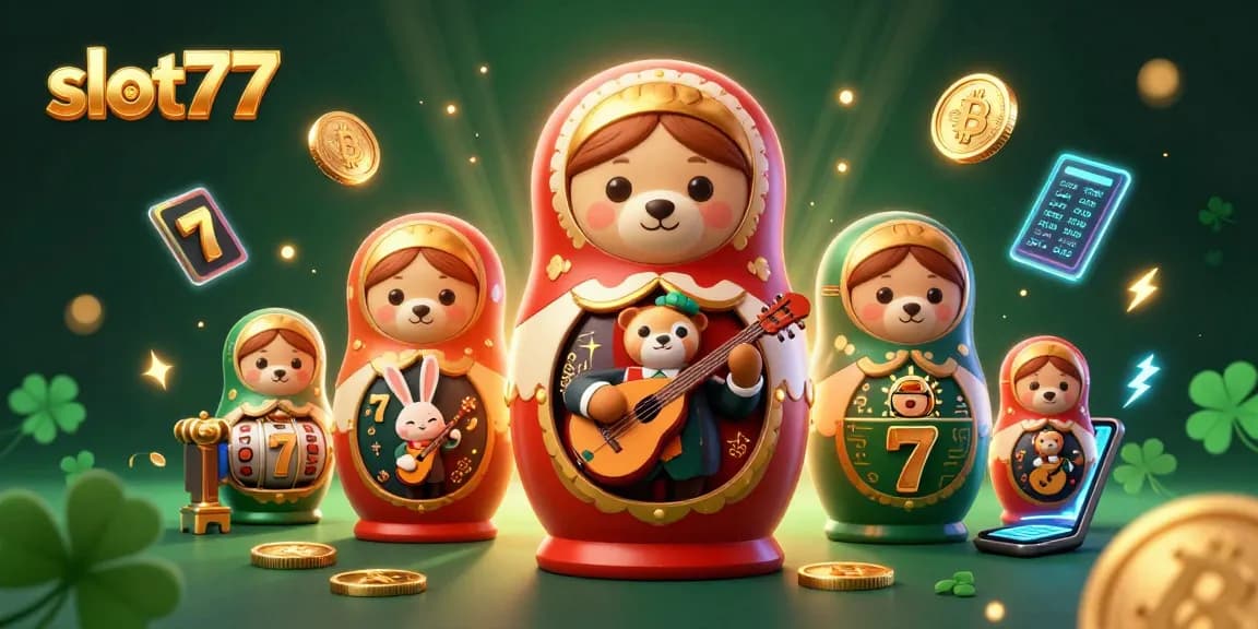 Spin the reels with slot77 featuring festive Matryoshka bears and vibrant casino elements.