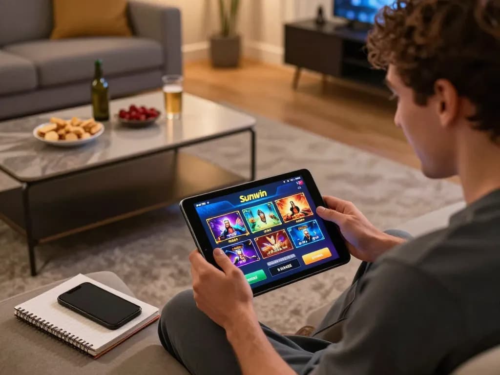 Gamer enjoying Sunwin's interactive online casino experience on a tablet in a cozy living room.