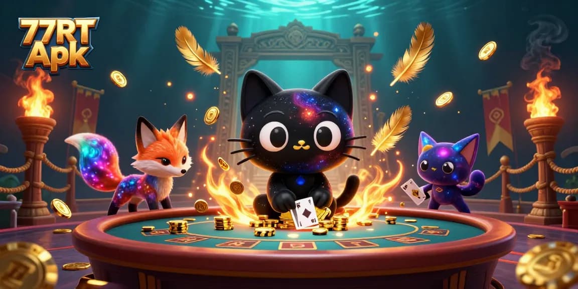Engage with the captivating universe of 77RT Apk, where a black hole cat and nebula fox attract winnings in a vibrant cosmic casino.