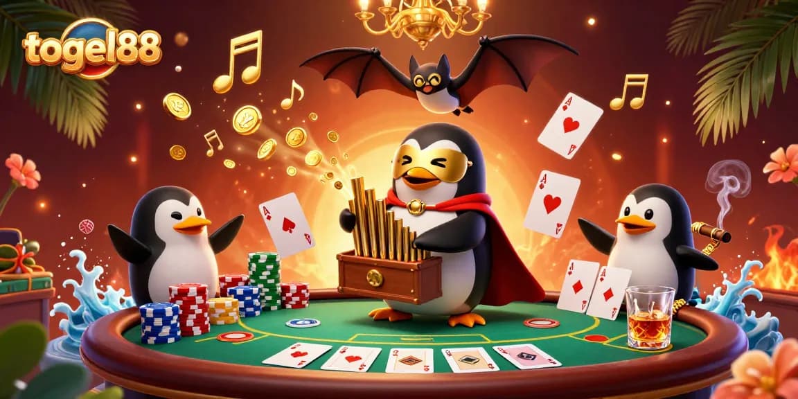 Play with togel88 at a vibrant casino featuring a penguin organist and golden coins.