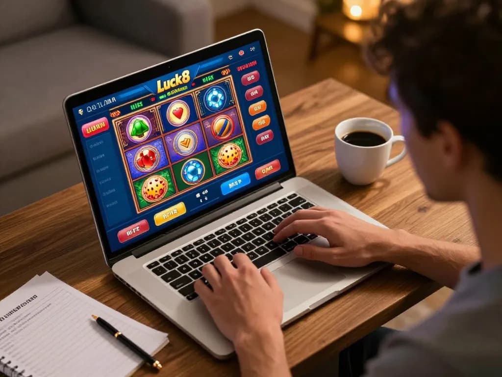 Engaged player immersed in Luck8 games online, showcasing betting strategies and colorful slot options.